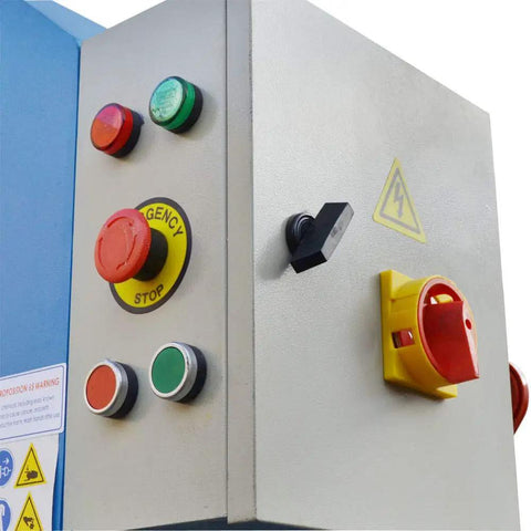 Control panel of Shop Ready 150 Ton Hydraulic Press Brake Bender featuring emergency stop and power buttons.