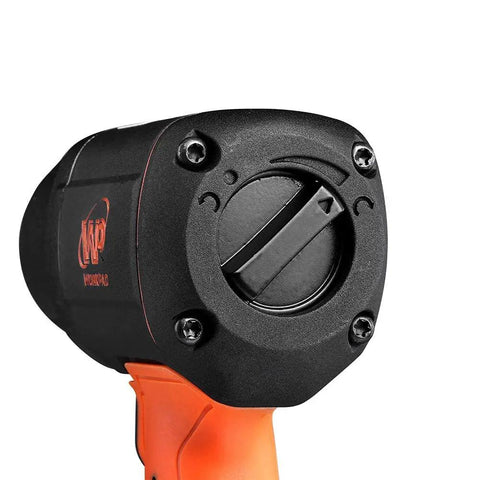 Close-up of Professional Pro Grade Half Inch Composite Air Impact Wrench with Twin Hammers showing mufflered handle for reduced noise.