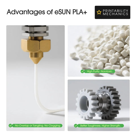 eSUN PLA+ filament extruding from 3D printer nozzle; bone white, 1.75 mm
eSUN PLA+ pellets in bone white; raw material for filament production
eSUN PLA+ gear pair close-up; metal-gray gears
eSUN PLA+ advantages infographic panel showing printability and purity