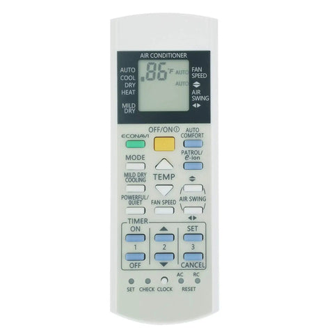 Universal Replacement Air Conditioner Remote Control With Fahrenheit And Celsius Digital Display, LCD screen, buttons for settings.