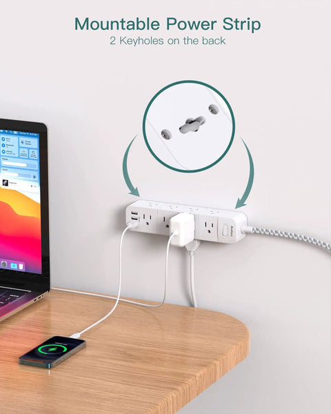 Surge Protector Power Strip With Twelve Outlets And Three USB Ports, Five Foot Extension Cord, Flat Plug, Wall Mount