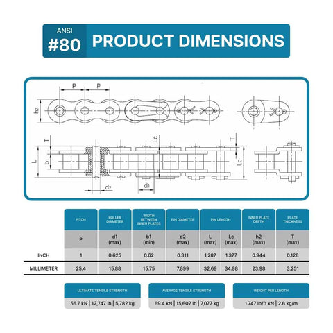 Technical dimensions of Beefed Up Heavy Duty 80 Roller Chain 10 Feet With 2 Free Connecting Links Carbon Steel 1 Inch Pitch Single Strand ANSI 80