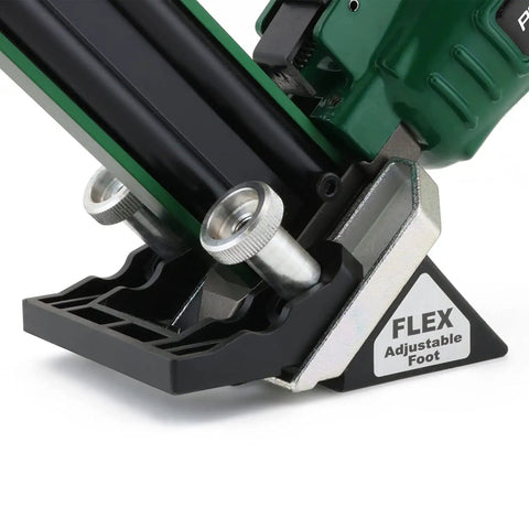 Close-up of Pneumatic 20 Gauge L Cleat Flooring Nailer with Trigger Pull and Adjustable Flex Foot for tight spaces