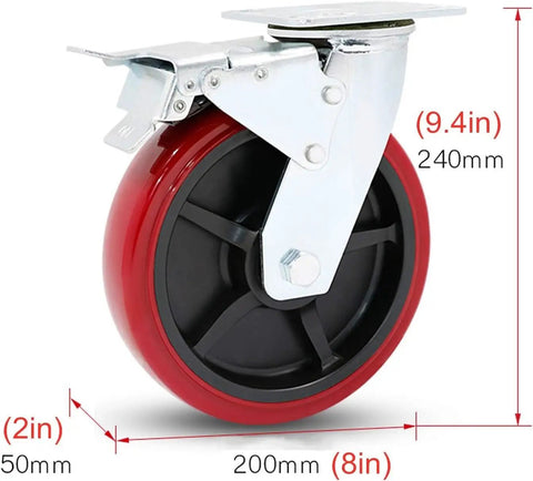 Kickass Heavy Duty Swivel Casters Four Pack With Slick Polyurethane Tires And Rock Solid Ball Bearings For Effortless Office Furniture And Shop Cart Glide Zero Hassle Install, showing a red polyurethane wheel with metal bracket, size 8in.