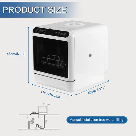 Compact Portable Countertop Mini Dishwasher With Built Water Tank Easy Peasy Setup For Urban Dwellers And Camper Travelers, size dimensions and design details.