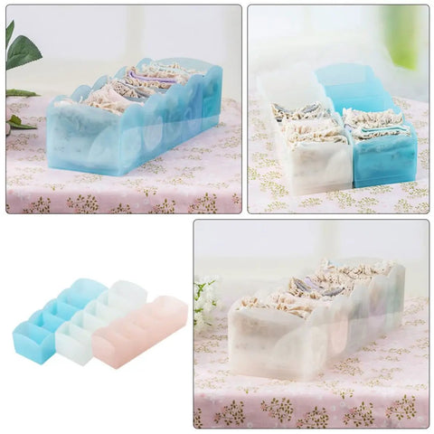 Keep Your Dresser Slick With This Heavy Duty Stackable Underwear Organizer Box Featuring Five Secure Grid Dividers For Neat Sock And Undergarment Storage Drawer - clear and colored plastic organizer with socks.