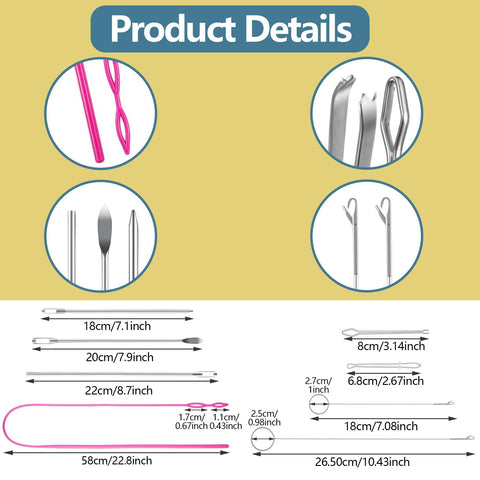 Product details of All In One 8 Piece Drawstring Threader Tool Set For Sewing with dimensions and components shown.