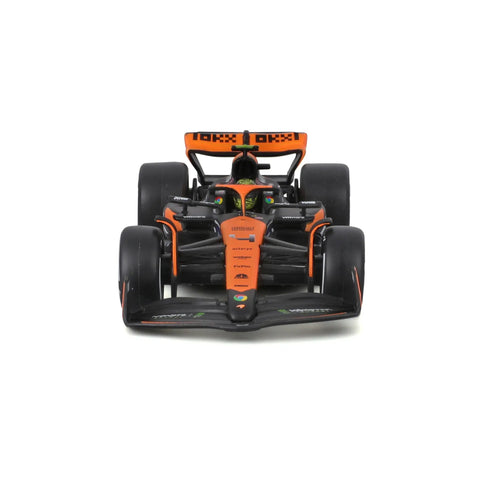 Front view of McLaren MCL38 1:43 Scale 2024 Die-Cast Formula Car with realistic decals and driver details.