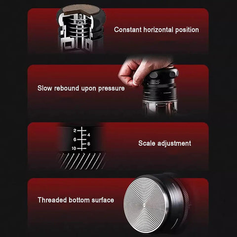 Slick Espresso Tamper Set For 58Mm Portafilters With Auto Scale Dial showing constant position, scale adjustment, and threaded base.