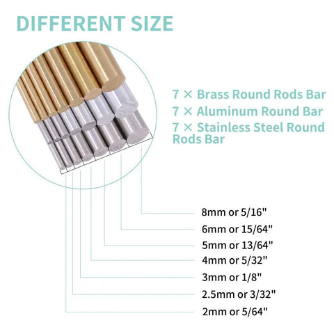 DIY Metal Rod Set 21 Pcs Brass, Stainless Steel, Aluminum Lathe Bar Stock, Round Rods 2mm to 8mm Diameters, Sizes Diagram