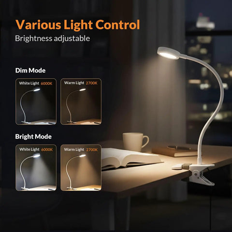 Top Shelf Clip On Reading Light With Bendy Gooseneck For Desks And Bed Rails, showcasing adjustable brightness and dual color settings.
