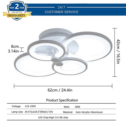Modern Metal And Acrylic LED Flush Mount Ceiling Light With 56W Power, four-ring design, 24 inch diameter, specification view.