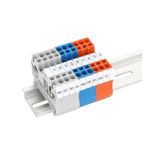10 Pack DIN Rail Terminal Block Label Strips For PT2.5 ST2.5 UKK3 Standard, mounted on a rail, colored sections visible