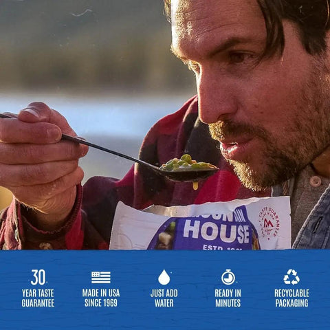 Man enjoying Classic Biscuits And Gravy Freeze Dried Camping Meal With 12 Servings And 30 Year Shelf Life Easy To Rehydrate