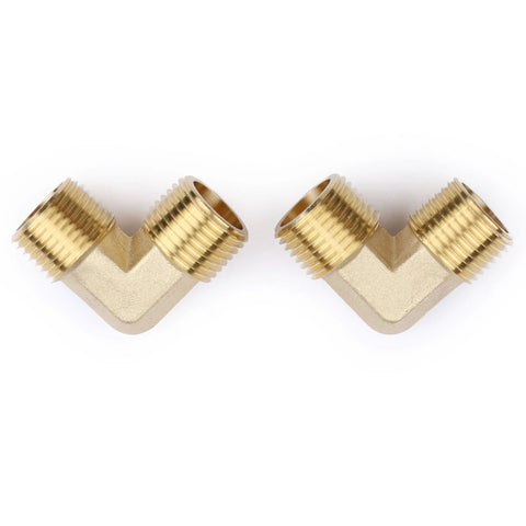 Two-pack of brass NPT male elbow fitting with 90-degree angle for durable plumbing connections and corrosion resistance.