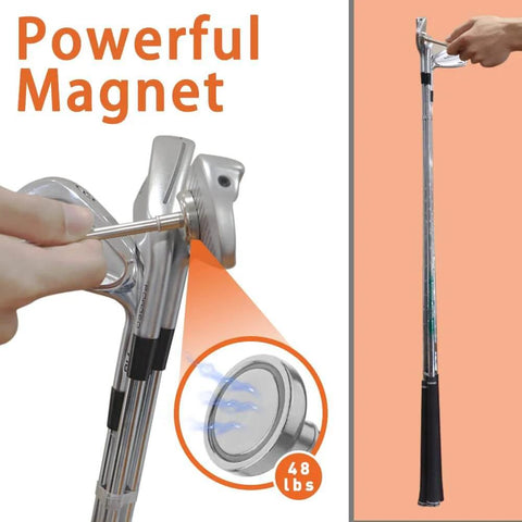 Golf Alignment Rods Swing Trainer Aid For Consistent Golf Shots, showing magnetic connection to club face.