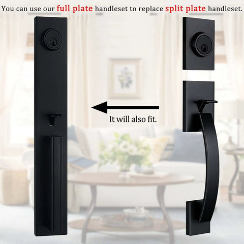Iron Black Front Double Door Handleset With Keyed Entry, Movable Hole Position And Adjustable Backset shown in living room setting