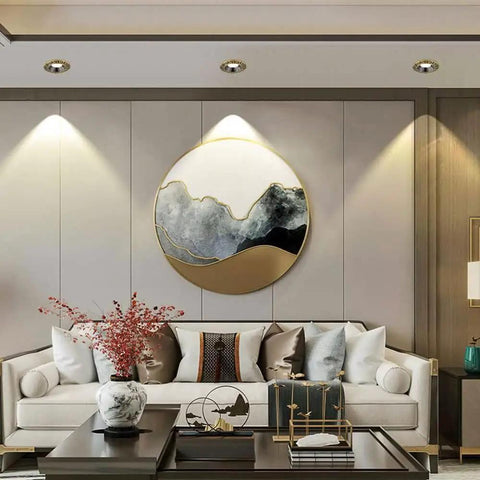 Pack Of 12 Adjustable Round Eyeball Spotlights Slick Brass Recessed Downlights 4.3 Inch Ceiling Can Lights 3000K To 6000K Tunable White highlighting wall art in modern living room.