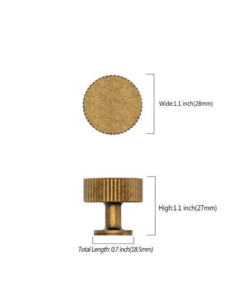 Top Shelf Antique Brass Cabinet Knobs And Drawer Pulls 10 Pack Heavy Duty Solid Metal Handles Rust Proof showing dimensions.
