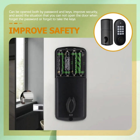 Top Tier Keypad Deadbolt Door Lock Featuring Backlit Display And Keyless Auto Entry Crafted From Heavy Duty Abs Plus Solid Copper, battery compartment view.
