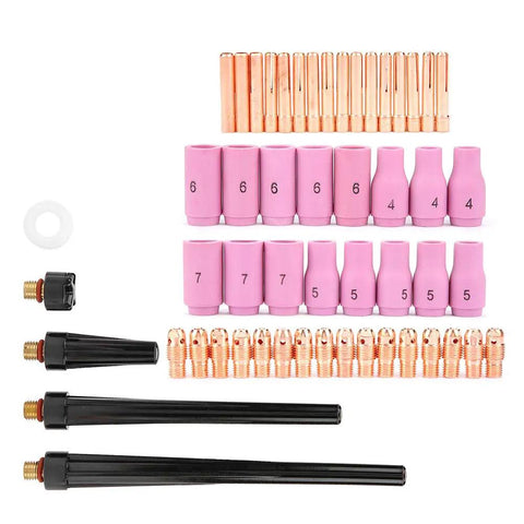 Premium Welding Torch Consumables Kit with 53 Pieces including nozzles, gas lens, collets, cups, replacement parts for fast swaps