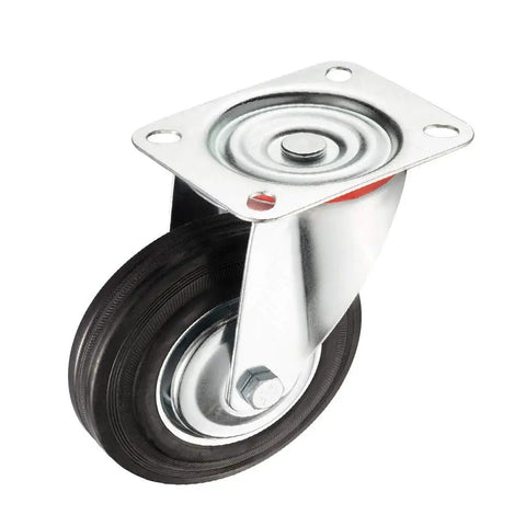 Top Shelf 6 Inch Rubber Caster Wheels 4 Pack With Two Smooth Rolling Swivel And Two Rock Solid Rigid Base Units Rated For A Hefty 331 Pounds Each Perfect For Heavy Hauling Shop Gear Movement Without Marring Clean Floors Anytime - Close-up of a swivel caster with rubber wheel and metal bracket.