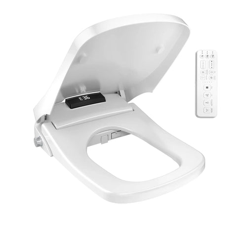 Auto Lift Square Smart Heated Bidet Seat With Electronic Display Warm Water Spray Gentle Hygiene, showing opened seat and remote.