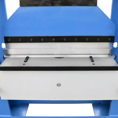 Close-up view of Shop Ready 150 Ton Hydraulic Press Brake Bender's bending edge and steel base, ideal for metal bending projects.