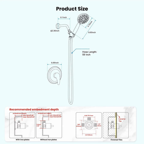 Product size diagram showing dimensions of Heavy Duty Matte Black Shower Faucet Set With Integrated Pressure Balance Valve.