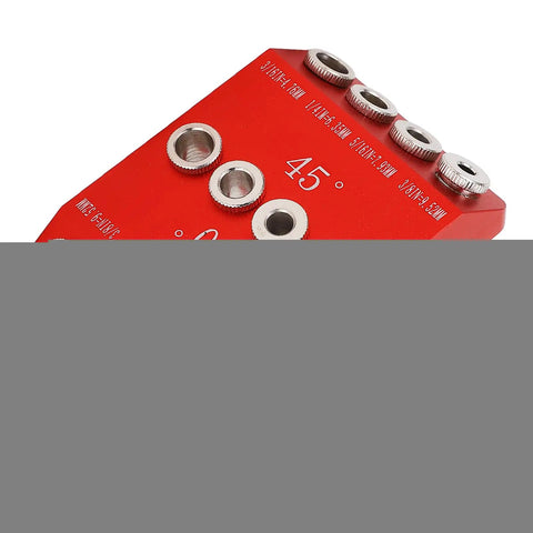 Heavy Duty Aluminum Pocket Hole Jig Drill Guide For Pro Woodworking Featuring Multi Angle Layouts At 30 45 And 90 Degrees With Slick Steel Drill Sleeves showing 45° angle.