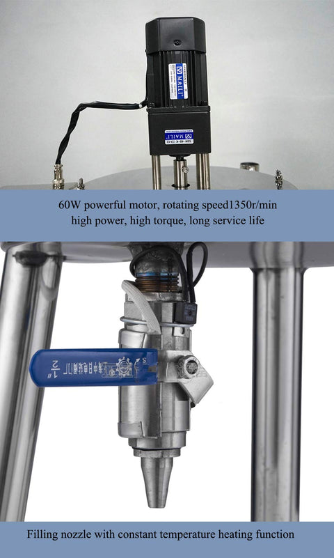 Built Tough Commercial Lipstick Filling Machine With Dual Stirrer And Quick Heating Tubes For Wax Honey Lotion Petrolatum And Cream 15 Liter Tank motor and nozzle close-up