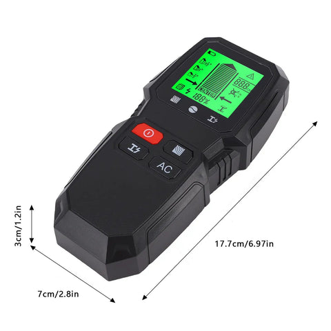 GYZOUKA 5 in 1 Wall Scanner Detector Stud Finder for Hanging Shelves showing display and buttons from a side angle.
