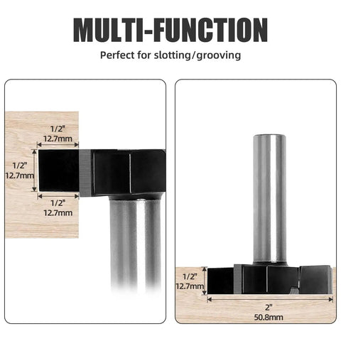 Spoilboard Surfacing Router Bit 1/2 Inch Shank 2 Inch Diameter 4-Wing YG6X Carbide Rabbet Slot Cutter with measurement details