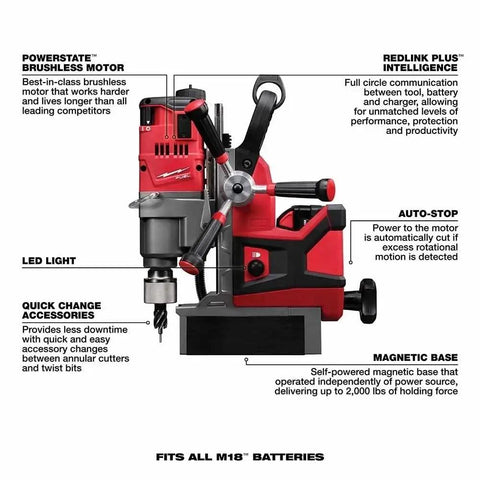 Milwaukee M18 1-75 Inch Cordless Magnetic Drill Press Kit With 5.0 Ah Battery And Charger features brushless motor and magnetic base.