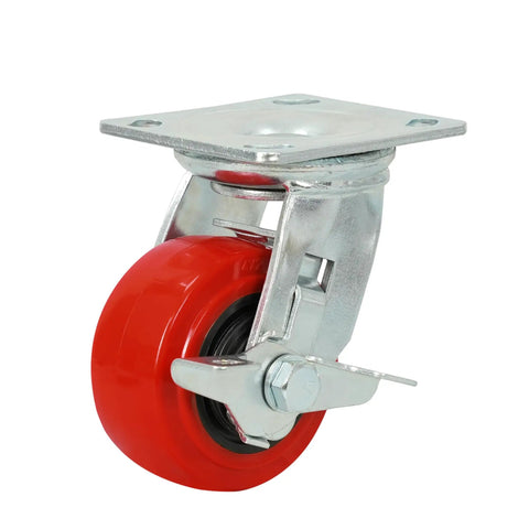 Heavy Duty 4 Inch Red Polyurethane Swivel Caster With Wheel Brake, 550 Lbs Rugged Capacity, Nonmarking Floor Savin Rubber Wheel.