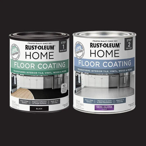 Water-Based Floor Coating Kit For Home Interiors Semi-Gloss Black Easy DIY Upgrade That Adheres Without Stripping Sanding Or Priming Works On Tile Ceramic Porcelain Concrete Hardwood Laminate Vinyl And More Top Coat Included paint cans