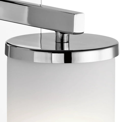 Close-up of the chrome finish and opal glass on Crosby 9.25 Inch Chrome Wall Sconce With Satin Etched Cased Opal Glass 1 Light Modern Vanity Light For Hallway Or Bathroom Ambient Illumination And Easy Install No Fuss Mounting In Minutes