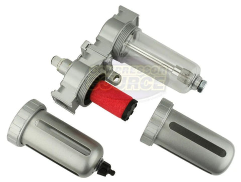 Three Eighths Inch Inline Air Filter And Desiccant Dryer Combo For Spray Guns And Paint Booths, shows parts and refills