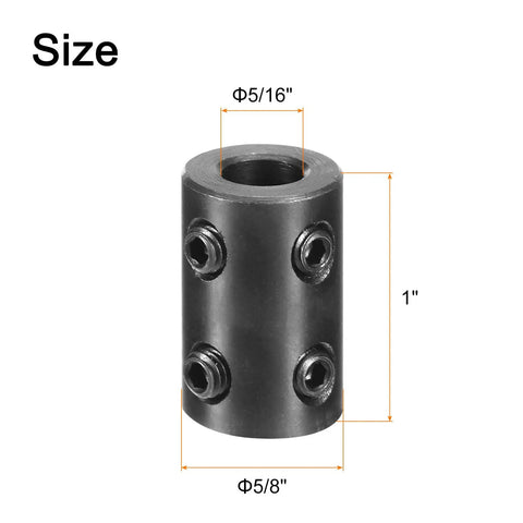 Two Pack Shaft Couplings With Five Sixteenth Inch Bore And Five Eighth Inch Outer Diameter One Inch Long Black Oxide Steel Rigid Coupling With Four Set Screws For Torque Transfer In DIY Motors Wheels And Machinery.