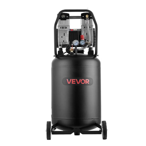 20 Gallon Portable Air Compressor With Wheels 2HP 125PSI Max oil-free tank, black with pressure gauges for tire inflation and woodworking.