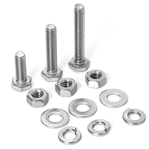 Pro Grade Stainless Steel 1/4-20 Bolt Kit With Nuts, Flat Washers, Lock Washers, Fully Threaded Bolts, assorted sizes displayed.