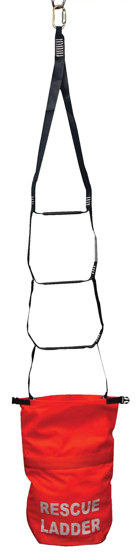 Zero Fuss Emergency Descent Ladder Kit Packs 18 Feet Of Heavy Duty Webbing With Rock Solid 5000 Lb Break Strength And Steel Carabiner For Safe Rooftop Evacs features a rescue ladder with steel carabiner and red webbing.