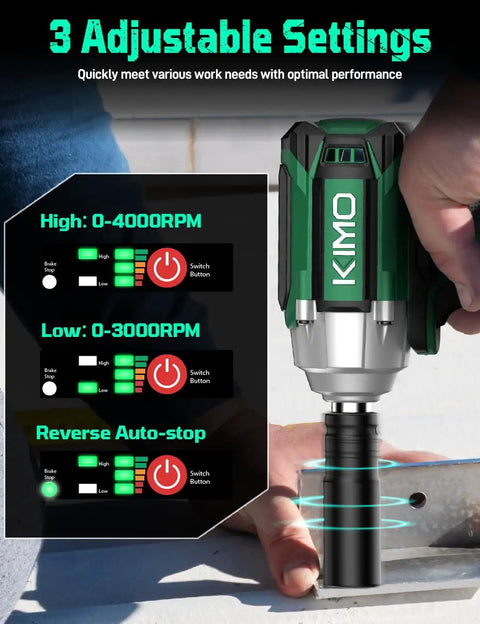 Heavy Duty Cordless Impact Wrench With 1/2 Inch Drive And 20V High Torque Motor Badass 3 In 1 Drill and settings panel display.