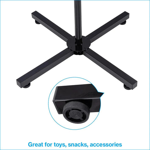 Heavy Duty Four Tier Wire Floor Spinner Rack With Drop Bin And Stocking Cart For Top Shelf Retail Shops Or No Fuss Home Organization In Sleek Black Finish, close-up of sturdy black base with wheels.