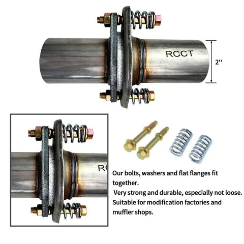 Universal 2 Inch Exhaust Flex Pipe Repair Kit With Spring Joint Flange Coupler Bolts showing durable metal construction and bolt details.