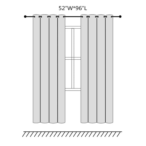 Blackout Curtains For Bedroom And Living Room That Totally Blocks Light And Drape Panels With Light Blocking Grommet Top 52 W X 96 L Set Of 2 In Light Gray Room Darkening And Energy Saving, diagram of light gray curtains with grommet top, shown hanging on a rod in front of a window, 52x96 inch.