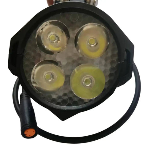 Front view of LED Headlight With Horn For Electric Bicycles And E Scooters Waterproof 3 Pin Female Connector 36V 48V Compatible