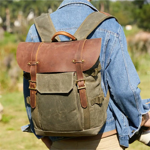 Person wearing DSLR Camera Backpack Waterproof Canvas With Removable Dividers For Travel And Outdoor Shooting Scratch Proof Gear Loadout