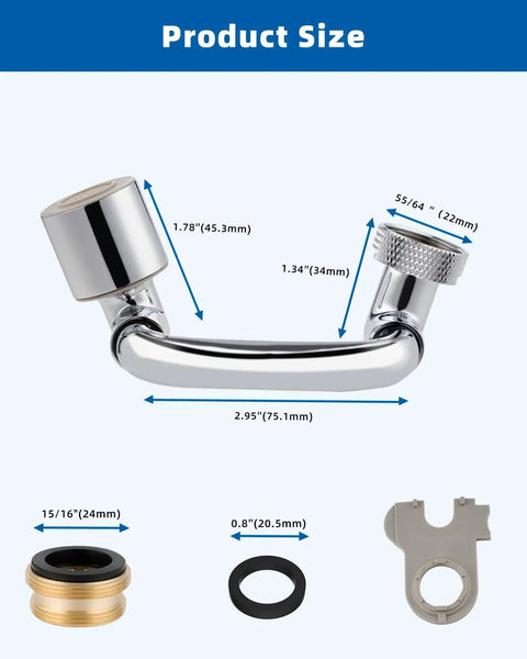 Super Slick Chrome Faucet Extender Brings You A Bold 1080 Degree Swivel Rotation Plus Dual Spray Settings For Complete Sink Access Without Any Hassle Universal Fit, showing product size and components.