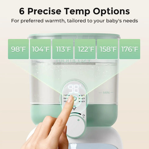 Portable Instant Water Warmer For Baby Formula With Adjustable Temperature Settings And Quick Heating Technology That Is A Legit Game Changer For On The Go Parents Who Want Seamless Bottle Prep Daily showing six temperature options and control interface.